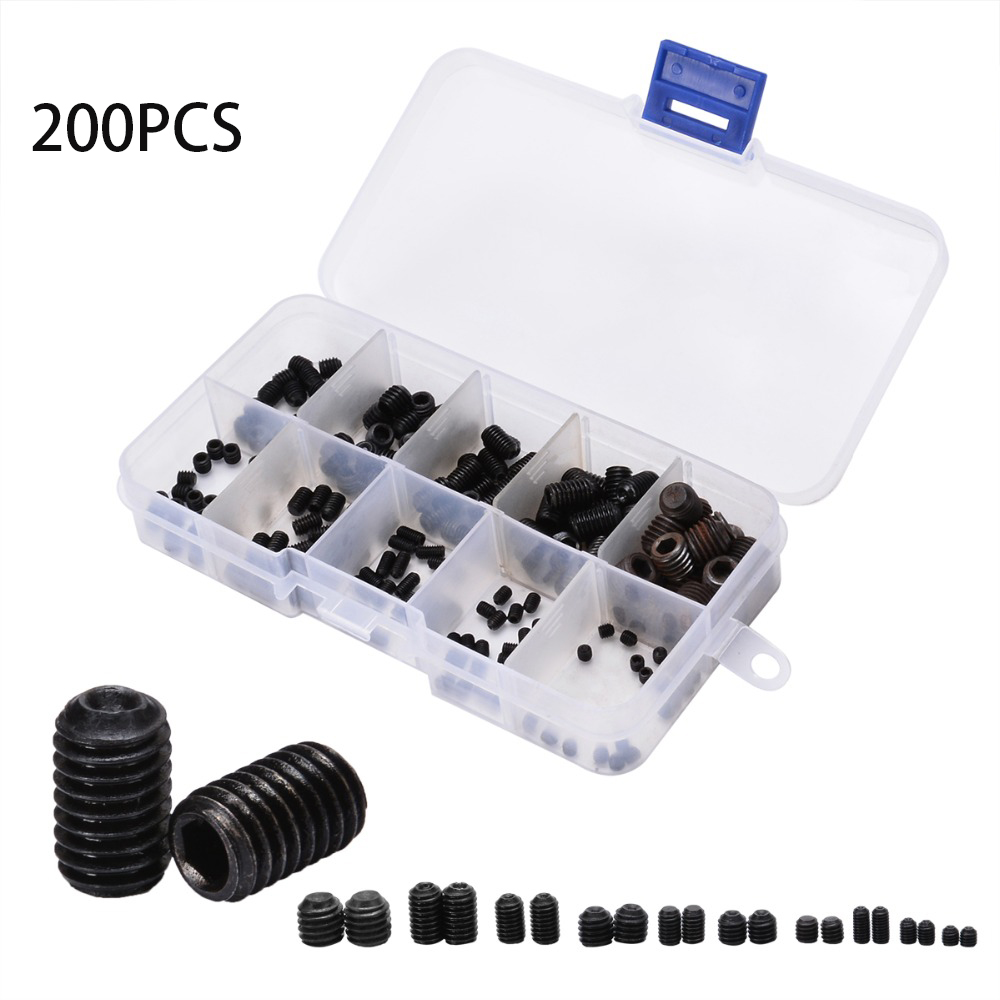 M3 Black Hex Socket Cap Head Screw Steel Socket Cup Point Grub Set Screw Assortment 200pcs